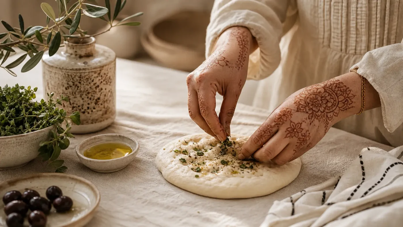 Des mains ornées de henné dressent un pain aux herbes sur une table de lin