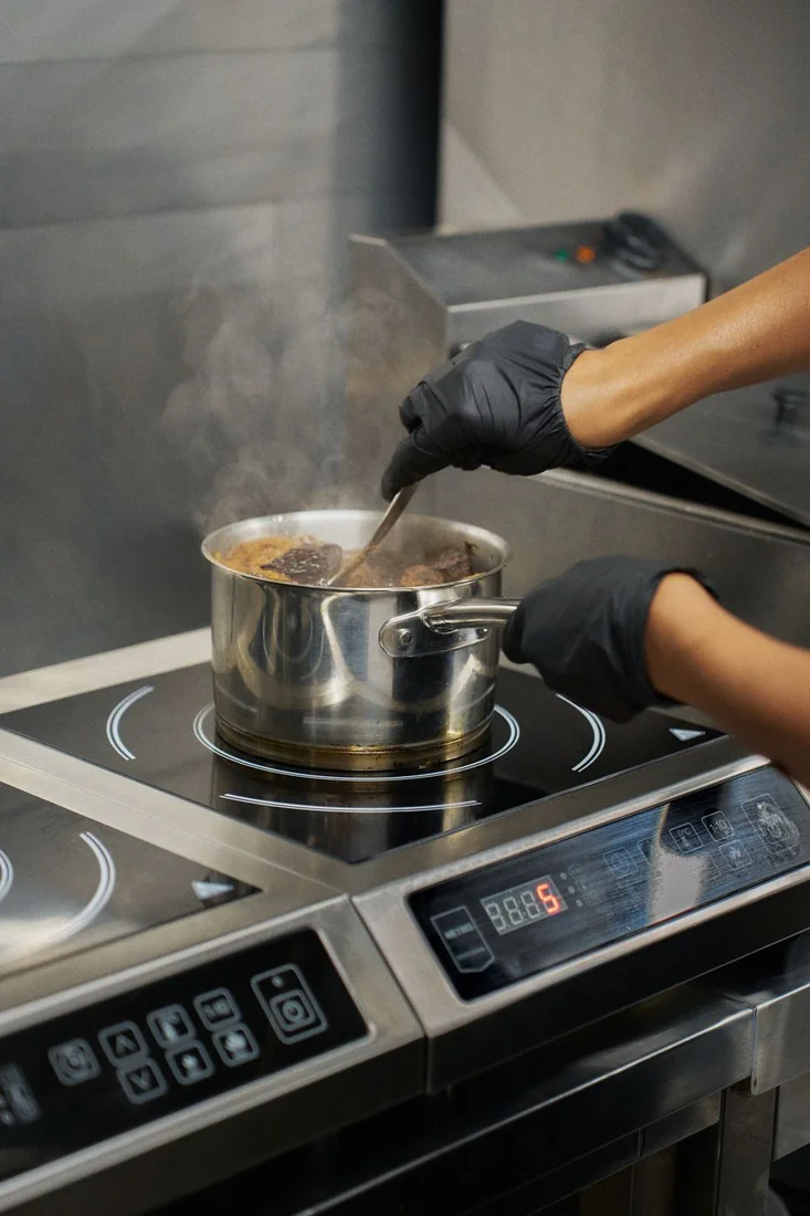 Une sauce mijote sur le piano de cuisson de La Table de Lalia